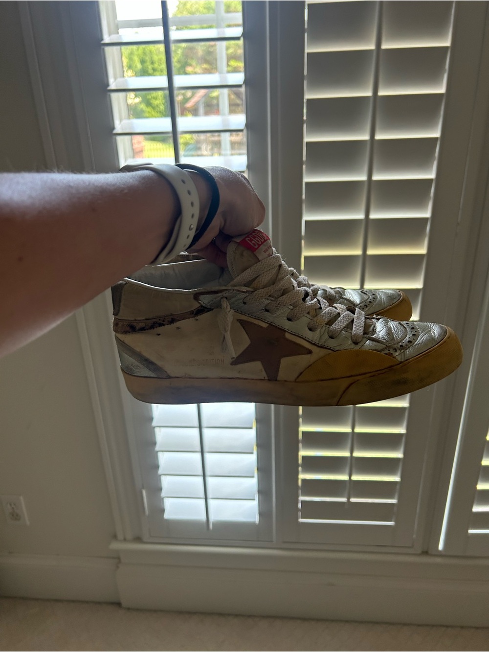 Golden Goose White Leather Sneakers with Brown Star and Yellow Accents